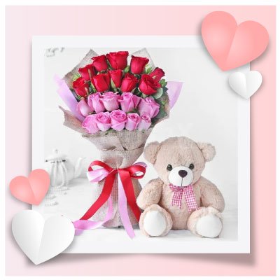 Red and Pink Bouquet with Teddy for Valentines Day