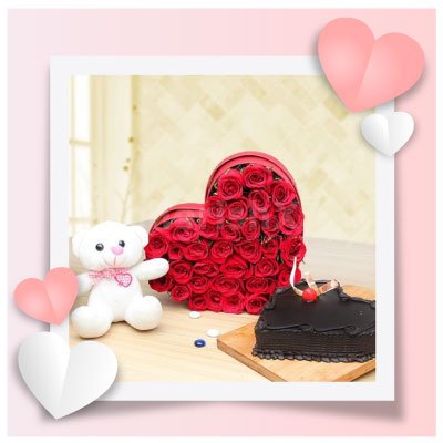35 Heart Shape Red Roses with Chocolate Cake and Teddy for Valentine's Day